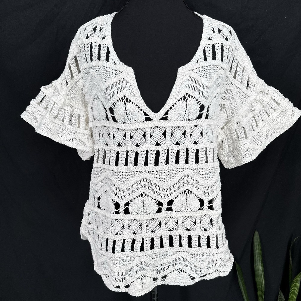 White Crochet Coastal Boho Top S Oversized Beach Resort Cover Up 100% Cotton